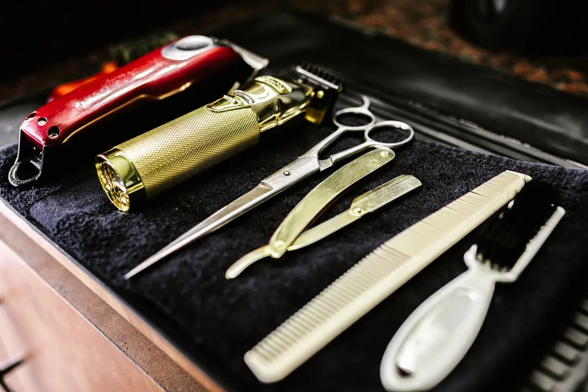 Clippers, razors and scissors laid out