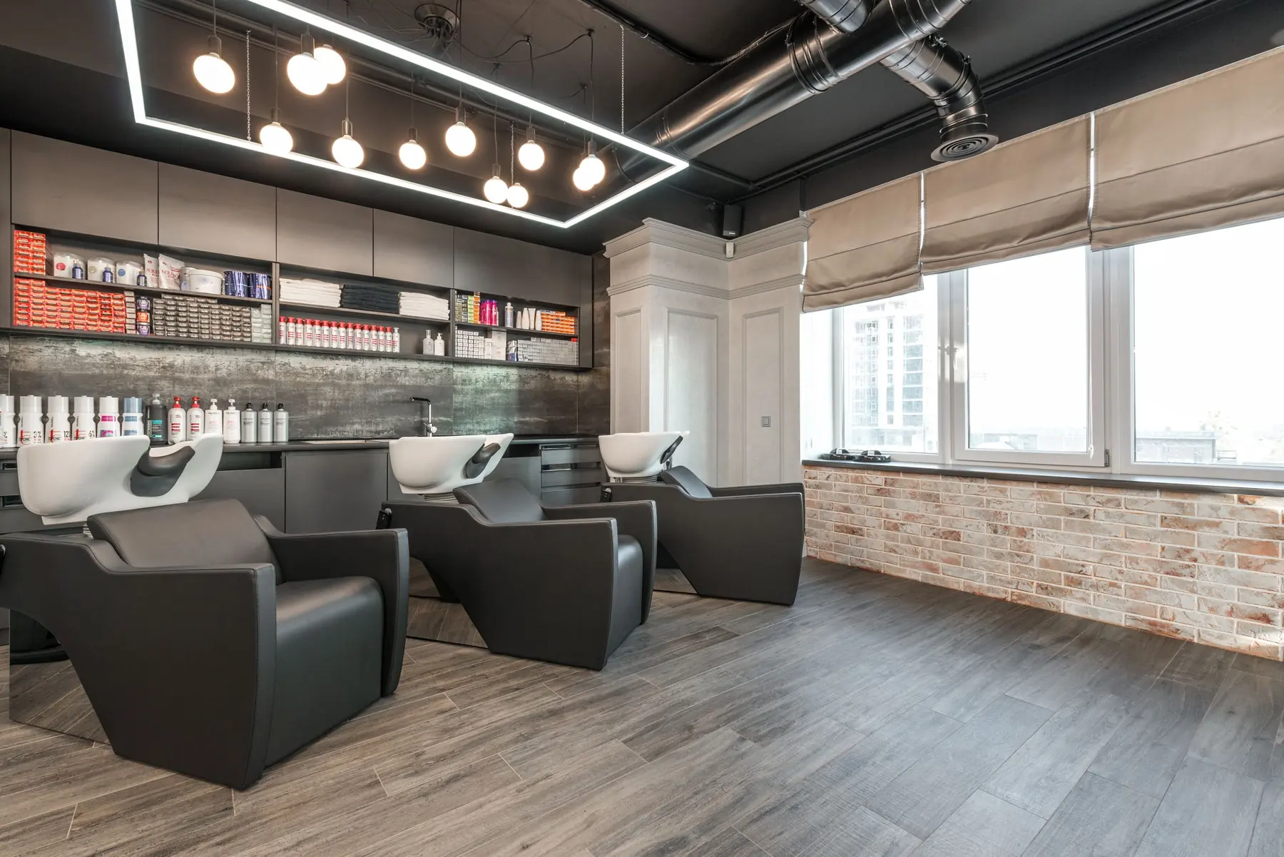 Bright salon with wash stations